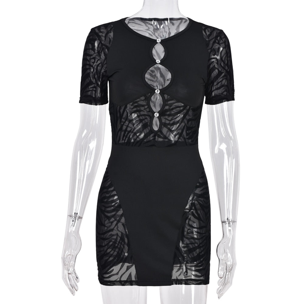 hirigin Cut Out Sexy Zebra Mesh Transparent Women's Mini Dress for Beach Holiday Night Club Party Bodycon Pencil Short Dresses