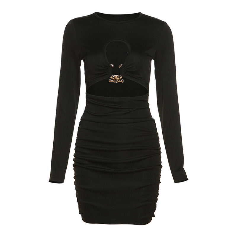 Autumn and Winter New Women's Fashion Round Neck Long Sleeve Sexy Hollow Slim Wrap Hip Style Dress