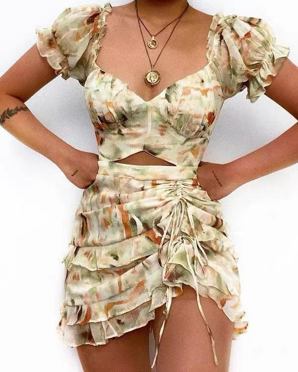 European and American Fashion Printed Drawstring Ruffle Sexy Short Sleeved Dress