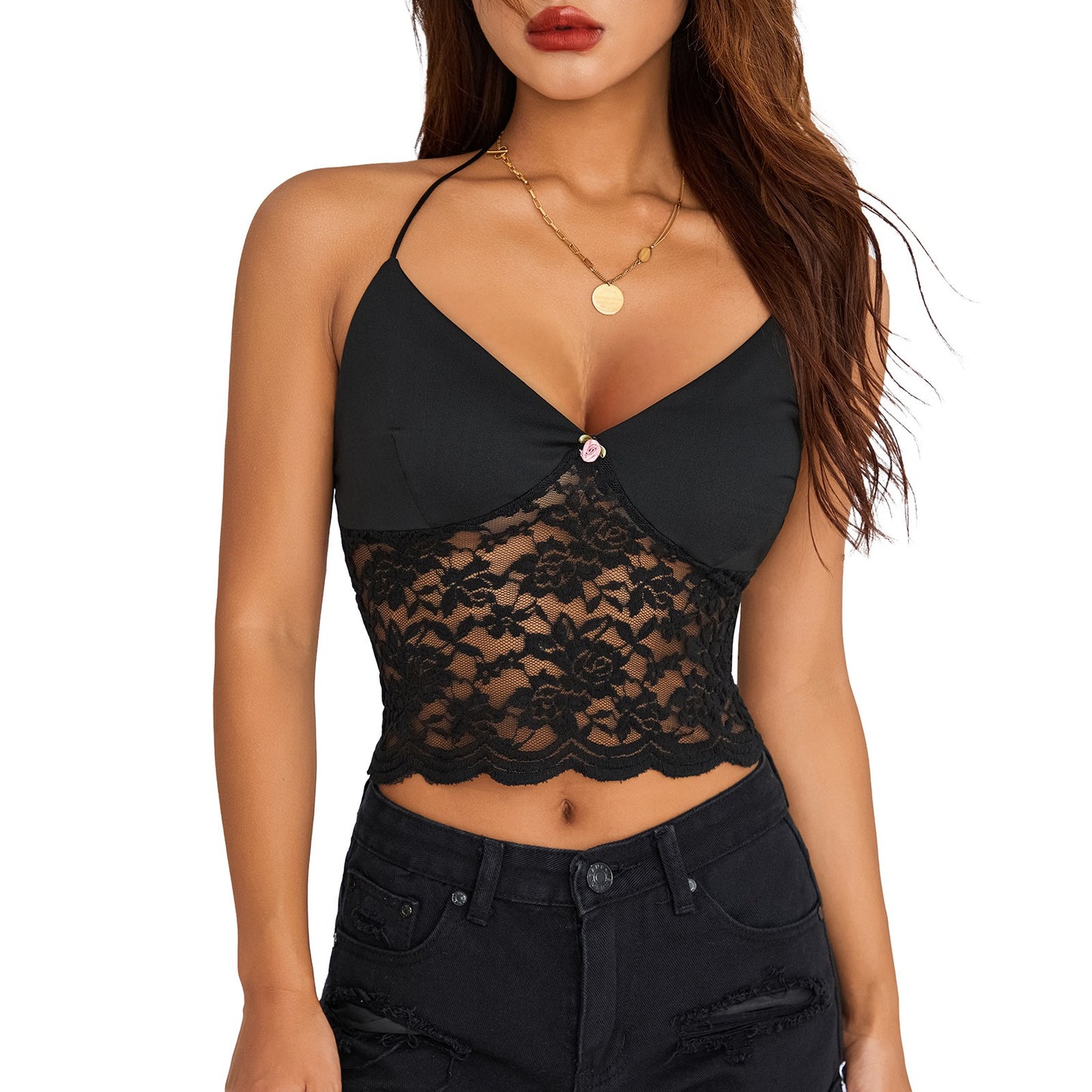 Summer new lace patchwork suspender top