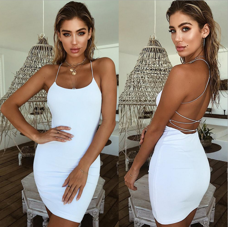 Summer Women Plain Solid Color Bandage Dress Elegant Backless Sleeveless Bodycon Evening Party Club Mini Dress