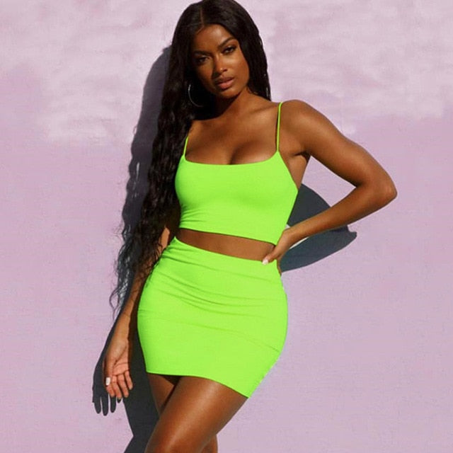 Orange Green Bodycon Two Piece Skirt Set Womens Sexy Club Outfits 2 Piece Matching Sets