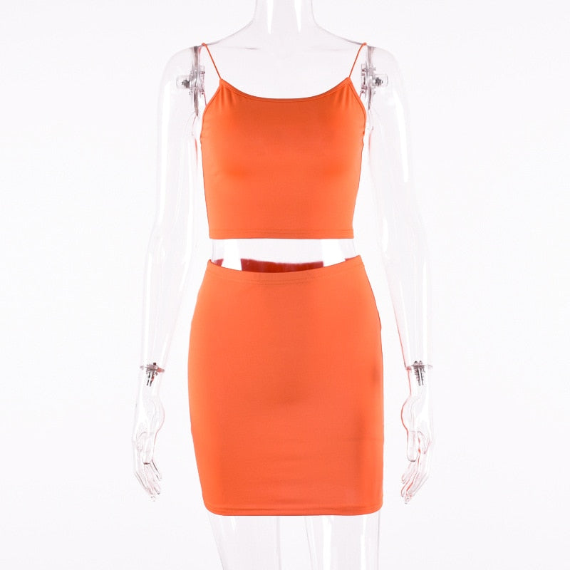 Orange Green Bodycon Two Piece Skirt Set Womens Sexy Club Outfits 2 Piece Matching Sets