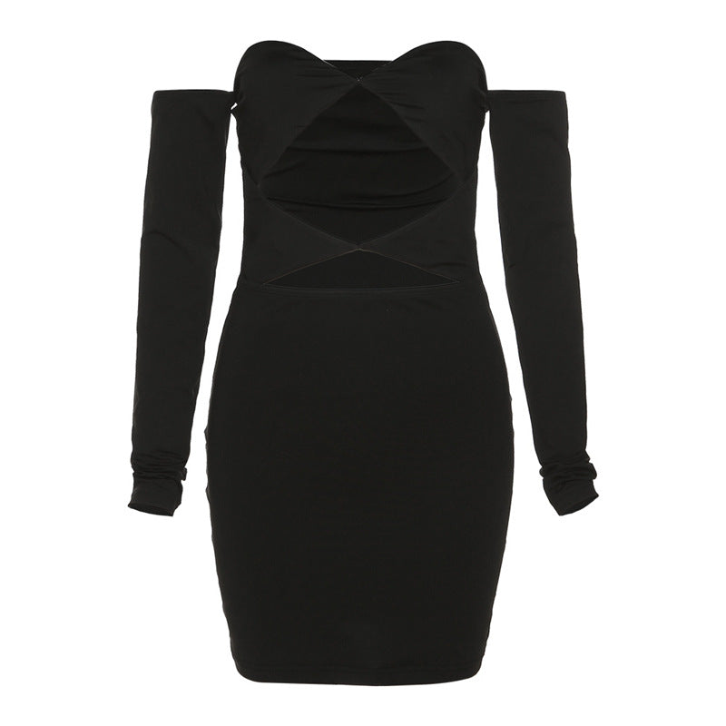 Autumn and Winter New Cross border Women's Dress Long Sleeve Slotted Neck Sexy Hollow Body Fitted Dress