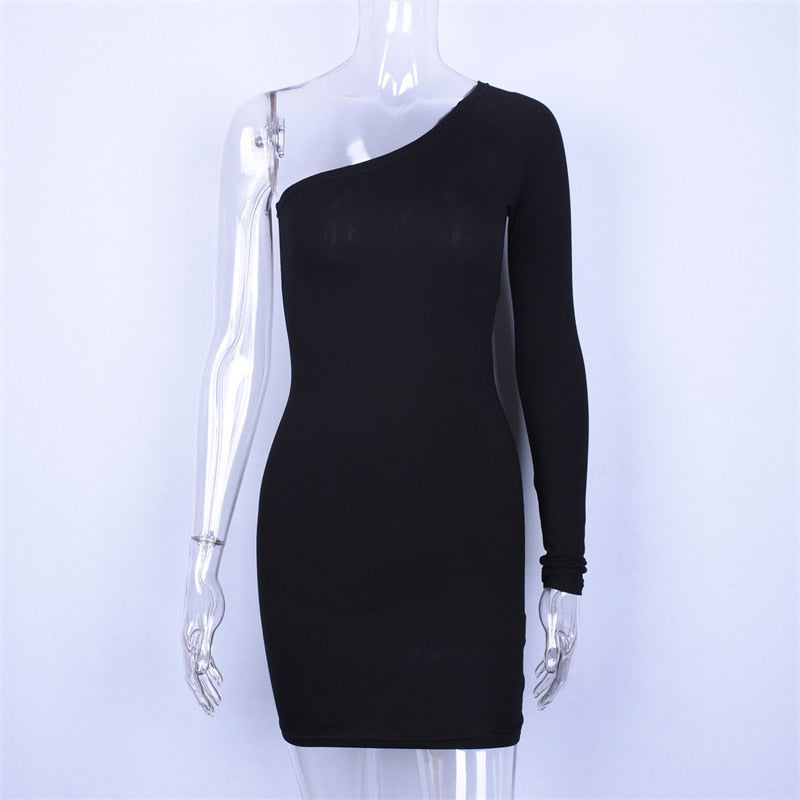 Cotton One Shoulder Slope Long Sleeve High Waist Sexy Bodycon Dresses Women Fashion Party Dress