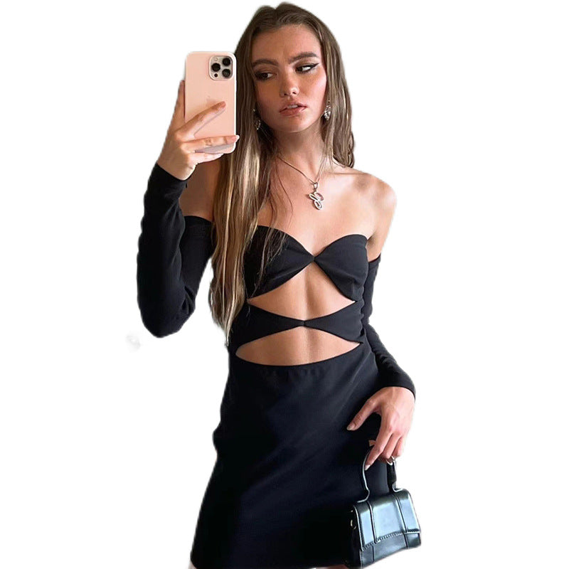 Autumn and Winter New Cross border Women's Dress Long Sleeve Slotted Neck Sexy Hollow Body Fitted Dress