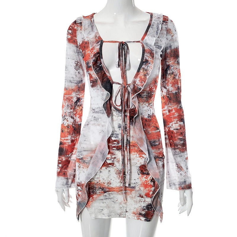 Women's Spring New Long Sleeve Strap Street Print Spicy Girls' Hip Wrap Dress