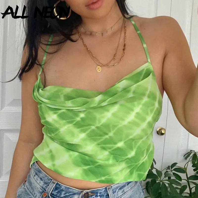 ALLNeon E-Girl Tie Dye Backless Bandage Party Tops Fashion